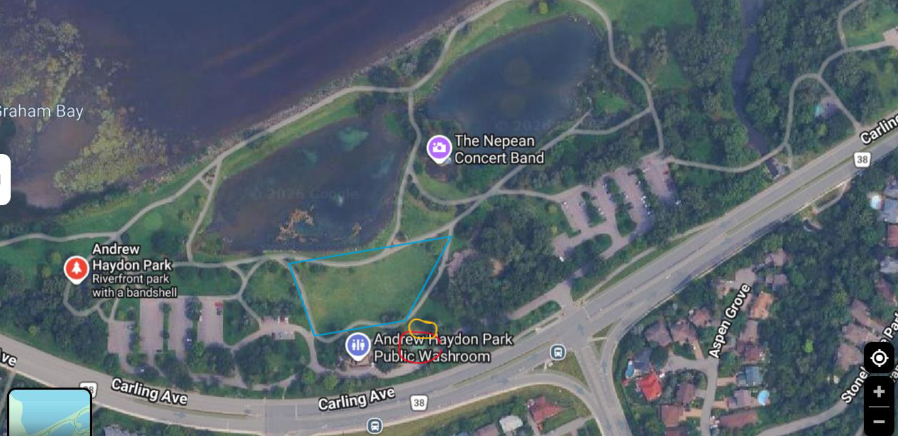 Aerial map of Andrew Haydon Park showing the Tic Toc Walk route, registration gazebo, and Hot 89.9 setup location